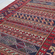 Load image into Gallery viewer, very-finely-woven-sumac-runner-hand-made-in-Iran-sumac-rugs-loom-kilims-weaving-technique-smooth-face-pair-of-kilims-sourced-together-look-feel-completely-unused-special-family-occasions-dowry-piece-wedding gifts-predominantly-red-green-pink-gold-blue-motifs-Iran-circa-1940's-1950's-for-sale-damon-blandford-antiques-phil-taylors-cool-stuff-stroud-gloucestershire-cotswolds