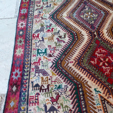 Load image into Gallery viewer, stunning-sumac-runner-featuring-six-adjoined-central-medallions-profusion-of-ark-animal-motifs-main-boarder-star-motifs-red-ground-happiness-fertility-noah's-ark-mount-ararat-eastern-anatolia-Iran. Sumac-loom-kilims-weaving-technic-anatolia-circa-1950's-for-sale-damon-blandford-antiques-phil-taylors-cool-stuff-stroud-gloucestershire-cotswolds-interior