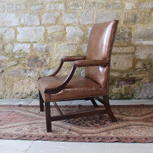 Load image into Gallery viewer, good-18th-century-english-georgian-library-gainsborough-armchair-generous-proportions-constructed-in-mahogany-square-shaped-back-flanked-by-upholstered-arms-concave-shaped-arm-supports-square-shaped-legs-united-by-H-shape-stretcher-very-good-solid-condition-re-upholstered-dark-tan-leather-english-circa-1770s-1780s-for-sale-damon-blandford-antiques-stroud-stow-on-the-wold-cotswolds-country-house-antiques-fine-furniture-seating