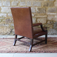 Load image into Gallery viewer, good-18th-century-english-georgian-library-gainsborough-armchair-generous-proportions-constructed-in-mahogany-square-shaped-back-flanked-by-upholstered-arms-concave-shaped-arm-supports-square-shaped-legs-united-by-H-shape-stretcher-very-good-solid-condition-re-upholstered-dark-tan-leather-english-circa-1770s-1780s-for-sale-damon-blandford-antiques-stroud-stow-on-the-wold-cotswolds-country-house-antiques-fine-furniture-seating