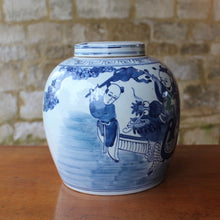 Load image into Gallery viewer, well-decorated-late-C18th-Chinese-blue-and-white-lidded-ginger-jar-deep-foot-decoration-features-child-riding-foo-lion-figures-prunus-branch-blossom-excellent-condition-decorative-asian-art-ceramics-period-contemporary-interior-design-for-sale-stow-on-the-wold-cotswolds-damon-blandford-antiques