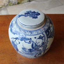 Load image into Gallery viewer, well-decorated-late-C18th-Chinese-blue-and-white-lidded-ginger-jar-deep-foot-decoration-features-child-riding-foo-lion-figures-prunus-branch-blossom-excellent-condition-decorative-asian-art-ceramics-period-contemporary-interior-design-for-sale-stow-on-the-wold-cotswolds-damon-blandford-antiques