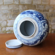 Load image into Gallery viewer, well-decorated-late-C18th-Chinese-blue-and-white-lidded-ginger-jar-deep-foot-decoration-features-child-riding-foo-lion-figures-prunus-branch-blossom-excellent-condition-decorative-asian-art-ceramics-period-contemporary-interior-design-for-sale-stow-on-the-wold-cotswolds-damon-blandford-antiques
