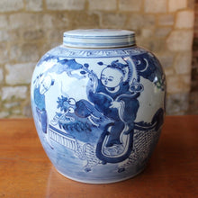 Load image into Gallery viewer, well-decorated-late-C18th-Chinese-blue-and-white-lidded-ginger-jar-deep-foot-decoration-features-child-riding-foo-lion-figures-prunus-branch-blossom-excellent-condition-decorative-asian-art-ceramics-period-contemporary-interior-design-for-sale-stow-on-the-wold-cotswolds-damon-blandford-antiques