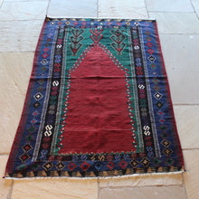 Load image into Gallery viewer, finely-woven-turkish-kilim-obruk-konya-wedding-gift-predominantly-red-green-blue-black-colours-akimbo-motifs-symbolising-motherhood-large-single-medallion-main-boarder-repeating-protective-eye-motifs-excellent-condition-floor-rug-wall-hanging-turkey -circa-1930s-40s-for-sale-damon-blandford-antiques-stroud-cotswolds-phil-taylors-cool-stuff-interior-design-rug-kilim-carpect-floor-persian