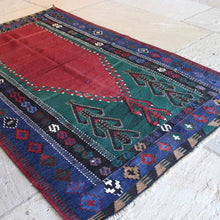 Load image into Gallery viewer, finely-woven-turkish-kilim-obruk-konya-wedding-gift-predominantly-red-green-blue-black-colours-akimbo-motifs-symbolising-motherhood-large-single-medallion-main-boarder-repeating-protective-eye-motifs-excellent-condition-floor-rug-wall-hanging-turkey -circa-1930s-40s-for-sale-damon-blandford-antiques-stroud-cotswolds-phil-taylors-cool-stuff-interior-design-rug-kilim-carpect-floor-persian