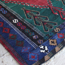 Load image into Gallery viewer, finely-woven-turkish-kilim-obruk-konya-wedding-gift-predominantly-red-green-blue-black-colours-akimbo-motifs-symbolising-motherhood-large-single-medallion-main-boarder-repeating-protective-eye-motifs-excellent-condition-floor-rug-wall-hanging-turkey -circa-1930s-40s-for-sale-damon-blandford-antiques-stroud-cotswolds-phil-taylors-cool-stuff-interior-design-rug-kilim-carpect-floor-persian