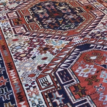 Load image into Gallery viewer, attractive-kilim-rug-hand-woven-loom-shahsevan-nomadic-people-tribe-northwestern-region-iran-design-features-three-large-central-medallions-cream-ground-surrounded-main-border-repeating-star-motifs-symbolising-happiness-fertility-stylised -bird-animal-motifs-predominantly-burnt-orange-cream-blue-colour-1960s-for-sale-damon-blandford-antiques-stroud-cotswolds-carpet-interior-floor