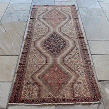 Load image into Gallery viewer, vintage-anatolian-sumac-runner-mutedcolours-pinks-reds-light-brown-dark-brown-black-design-features-large-central medallions-profusion-of-bird-animal-motifs-boarder-repeating-motifs-geometric-design-noahs-ark-eastern-anatolia-Iran-sumac-weeaving-technic-finely-woven-wonderful-both-traditional-contemporary-settings-anatolia-circa-1950s-for-sale-damon-blandfod-antiques-stroud-cotswolds-phil-taylors-cool-stuff