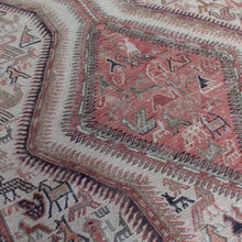 Load image into Gallery viewer, vintage-anatolian-sumac-runner-mutedcolours-pinks-reds-light-brown-dark-brown-black-design-features-large-central medallions-profusion-of-bird-animal-motifs-boarder-repeating-motifs-geometric-design-noahs-ark-eastern-anatolia-Iran-sumac-weeaving-technic-finely-woven-wonderful-both-traditional-contemporary-settings-anatolia-circa-1950s-for-sale-damon-blandfod-antiques-stroud-cotswolds-phil-taylors-cool-stuff
