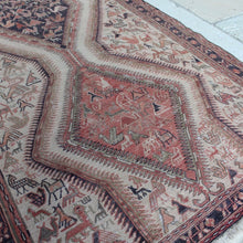 Load image into Gallery viewer, vintage-anatolian-sumac-runner-mutedcolours-pinks-reds-light-brown-dark-brown-black-design-features-large-central medallions-profusion-of-bird-animal-motifs-boarder-repeating-motifs-geometric-design-noahs-ark-eastern-anatolia-Iran-sumac-weeaving-technic-finely-woven-wonderful-both-traditional-contemporary-settings-anatolia-circa-1950s-for-sale-damon-blandfod-antiques-stroud-cotswolds-phil-taylors-cool-stuff