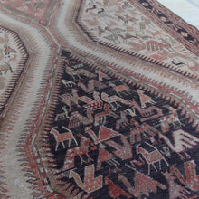 Load image into Gallery viewer, vintage-anatolian-sumac-runner-mutedcolours-pinks-reds-light-brown-dark-brown-black-design-features-large-central medallions-profusion-of-bird-animal-motifs-boarder-repeating-motifs-geometric-design-noahs-ark-eastern-anatolia-Iran-sumac-weeaving-technic-finely-woven-wonderful-both-traditional-contemporary-settings-anatolia-circa-1950s-for-sale-damon-blandfod-antiques-stroud-cotswolds-phil-taylors-cool-stuff