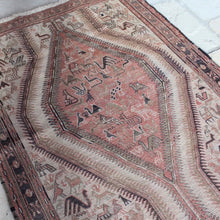Load image into Gallery viewer, vintage-anatolian-sumac-runner-mutedcolours-pinks-reds-light-brown-dark-brown-black-design-features-large-central medallions-profusion-of-bird-animal-motifs-boarder-repeating-motifs-geometric-design-noahs-ark-eastern-anatolia-Iran-sumac-weeaving-technic-finely-woven-wonderful-both-traditional-contemporary-settings-anatolia-circa-1950s-for-sale-damon-blandfod-antiques-stroud-cotswolds-phil-taylors-cool-stuff