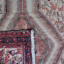 Load image into Gallery viewer, vintage-anatolian-sumac-runner-mutedcolours-pinks-reds-light-brown-dark-brown-black-design-features-large-central medallions-profusion-of-bird-animal-motifs-boarder-repeating-motifs-geometric-design-noahs-ark-eastern-anatolia-Iran-sumac-weeaving-technic-finely-woven-wonderful-both-traditional-contemporary-settings-anatolia-circa-1950s-for-sale-damon-blandfod-antiques-stroud-cotswolds-phil-taylors-cool-stuff