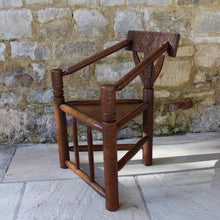 Load image into Gallery viewer, copy-of-the-old-saxon-chair-from-lord-leycesters-hospital-warwick-chair-of-ttriangular-form-chip-carved-to-same-design-by-victorian-chair-maker-john-starkey-further-example-victoria-and-albert-museum-london-comfortable-excellent-original-condition-new-bespoke-velvet-cushion-for-sale-damon-blandford-antiques-stroud-cotswolds-seating