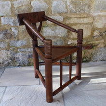 Load image into Gallery viewer, copy-of-the-old-saxon-chair-from-lord-leycesters-hospital-warwick-chair-of-ttriangular-form-chip-carved-to-same-design-by-victorian-chair-maker-john-starkey-further-example-victoria-and-albert-museum-london-comfortable-excellent-original-condition-new-bespoke-velvet-cushion-for-sale-damon-blandford-antiques-stroud-cotswolds-seating