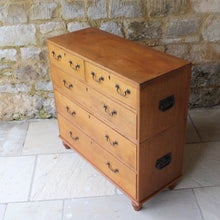 Load image into Gallery viewer, exceptionally-well-made-late-19th-century-teak-anglo-indian-chest-of-drawers-two-sections-blacksmith-forged-swing-carry-handles-upper-lower-sections-two short-three-long-drawers-brass-swan-neck-handles-molded-drawer-fronts-ebony-escutcheons-turned-feet-panel-back-quality-construction-incredibly-solid-well-made-military-campaign-travel-furniture-restricted-access-small-spaces-for-sale-damon-blandford-antiques-stow-on-the-wold-stroud-cotswolds-antiques-circa-1890