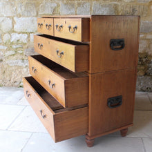 Load image into Gallery viewer, exceptionally-well-made-late-19th-century-teak-anglo-indian-chest-of-drawers-two-sections-blacksmith-forged-swing-carry-handles-upper-lower-sections-two short-three-long-drawers-brass-swan-neck-handles-molded-drawer-fronts-ebony-escutcheons-turned-feet-panel-back-quality-construction-incredibly-solid-well-made-military-campaign-travel-furniture-restricted-access-small-spaces-for-sale-damon-blandford-antiques-stow-on-the-wold-stroud-cotswolds-antiques-circa-1890