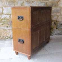 Load image into Gallery viewer, exceptionally-well-made-late-19th-century-teak-anglo-indian-chest-of-drawers-two-sections-blacksmith-forged-swing-carry-handles-upper-lower-sections-two short-three-long-drawers-brass-swan-neck-handles-molded-drawer-fronts-ebony-escutcheons-turned-feet-panel-back-quality-construction-incredibly-solid-well-made-military-campaign-travel-furniture-restricted-access-small-spaces-for-sale-damon-blandford-antiques-stow-on-the-wold-stroud-cotswolds-antiques-circa-1890
