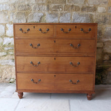 Load image into Gallery viewer, exceptionally-well-made-late-19th-century-teak-anglo-indian-chest-of-drawers-two-sections-blacksmith-forged-swing-carry-handles-upper-lower-sections-two short-three-long-drawers-brass-swan-neck-handles-molded-drawer-fronts-ebony-escutcheons-turned-feet-panel-back-quality-construction-incredibly-solid-well-made-military-campaign-travel-furniture-restricted-access-small-spaces-for-sale-damon-blandford-antiques-stow-on-the-wold-stroud-cotswolds-antiques-circa-1890
