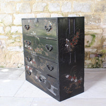 Load image into Gallery viewer, decorative-japanese-tansu-chest-fourth-quarter-edo-period-traditional-japanese-two-part-chest-iron-carry-handles-storing-clothing-decorated-chinoiserie-overlay-featuring-flowers-foliage-black-ground-long-short-drawers-door-drop-handles-incredibly-attractive-useful-storage-furniture-very-good-condition-japan-circa-1840-60-for-sale-damon-blandford-antiques-stroud-stow-on-the-wold-cotswolds-home-interior