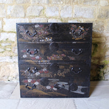 Load image into Gallery viewer, decorative-japanese-tansu-chest-fourth-quarter-edo-period-traditional-japanese-two-part-chest-iron-carry-handles-storing-clothing-decorated-chinoiserie-overlay-featuring-flowers-foliage-black-ground-long-short-drawers-door-drop-handles-incredibly-attractive-useful-storage-furniture-very-good-condition-japan-circa-1840-60-for-sale-damon-blandford-antiques-stroud-stow-on-the-wold-cotswolds-home-interior