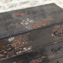 Load image into Gallery viewer, decorative-japanese-tansu-chest-fourth-quarter-edo-period-traditional-japanese-two-part-chest-iron-carry-handles-storing-clothing-decorated-chinoiserie-overlay-featuring-flowers-foliage-black-ground-long-short-drawers-door-drop-handles-incredibly-attractive-useful-storage-furniture-very-good-condition-japan-circa-1840-60-for-sale-damon-blandford-antiques-stroud-stow-on-the-wold-cotswolds-home-interior