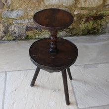Load image into Gallery viewer, rare-18th-century-cornish-lace-makers-table-primitive-form-lower-tier-comprises-laminated-block-banded-oak-top-stick-legs-smaller-upper-tier-turned-column-banded-oak-top-fascinating-piece-cornish-vernacular-furniture-sofa-side-table-lamp-stand-excellent-condition-patina-for-sale-damon-blandford-antiques-stow-on-the-wold-cotswolds-folk-art-rural-crafts