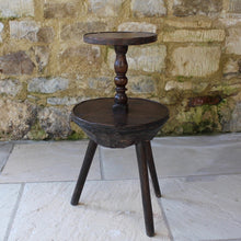 Load image into Gallery viewer, rare-18th-century-cornish-lace-makers-table-primitive-form-lower-tier-comprises-laminated-block-banded-oak-top-stick-legs-smaller-upper-tier-turned-column-banded-oak-top-fascinating-piece-cornish-vernacular-furniture-sofa-side-table-lamp-stand-excellent-condition-patina-for-sale-damon-blandford-antiques-stow-on-the-wold-cotswolds-folk-art-rural-crafts