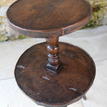 Load image into Gallery viewer, rare-18th-century-cornish-lace-makers-table-primitive-form-lower-tier-comprises-laminated-block-banded-oak-top-stick-legs-smaller-upper-tier-turned-column-banded-oak-top-fascinating-piece-cornish-vernacular-furniture-sofa-side-table-lamp-stand-excellent-condition-patina-for-sale-damon-blandford-antiques-stow-on-the-wold-cotswolds-folk-art-rural-crafts