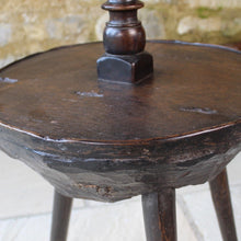 Load image into Gallery viewer, rare-18th-century-cornish-lace-makers-table-primitive-form-lower-tier-comprises-laminated-block-banded-oak-top-stick-legs-smaller-upper-tier-turned-column-banded-oak-top-fascinating-piece-cornish-vernacular-furniture-sofa-side-table-lamp-stand-excellent-condition-patina-for-sale-damon-blandford-antiques-stow-on-the-wold-cotswolds-folk-art-rural-crafts
