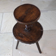 Load image into Gallery viewer, rare-18th-century-cornish-lace-makers-table-primitive-form-lower-tier-comprises-laminated-block-banded-oak-top-stick-legs-smaller-upper-tier-turned-column-banded-oak-top-fascinating-piece-cornish-vernacular-furniture-sofa-side-table-lamp-stand-excellent-condition-patina-for-sale-damon-blandford-antiques-stow-on-the-wold-cotswolds-folk-art-rural-crafts