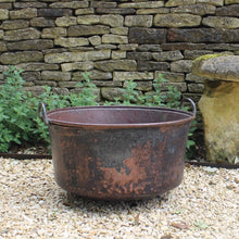 Load image into Gallery viewer, good-antique-hand-beaten-copper-vessel-large-scale-hand-forged-iron-handles-excellent-condition-original-bluish-green-verdigris-patination-outside-multitude-uses-garden-home-planter-water-feature-log-bin-for-sale-damon-blandford-antiques-stroud-coteswolds
