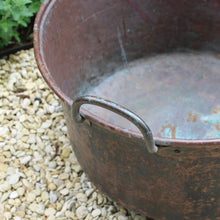 Load image into Gallery viewer, good-antique-hand-beaten-copper-vessel-large-scale-hand-forged-iron-handles-excellent-condition-original-bluish-green-verdigris-patination-outside-multitude-uses-garden-home-planter-water-feature-log-bin-for-sale-damon-blandford-antiques-stroud-coteswolds