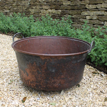 Load image into Gallery viewer, good-antique-hand-beaten-copper-vessel-large-scale-hand-forged-iron-handles-excellent-condition-original-bluish-green-verdigris-patination-outside-multitude-uses-garden-home-planter-water-feature-log-bin-for-sale-damon-blandford-antiques-stroud-coteswolds