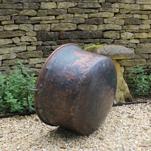 Load image into Gallery viewer, good-antique-hand-beaten-copper-vessel-large-scale-hand-forged-iron-handles-excellent-condition-original-bluish-green-verdigris-patination-outside-multitude-uses-garden-home-planter-water-feature-log-bin-for-sale-damon-blandford-antiques-stroud-coteswolds