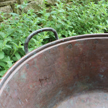 Load image into Gallery viewer, good-antique-hand-beaten-copper-vessel-large-scale-hand-forged-iron-handles-excellent-condition-original-bluish-green-verdigris-patination-outside-multitude-uses-garden-home-planter-water-feature-log-bin-for-sale-damon-blandford-antiques-stroud-coteswolds