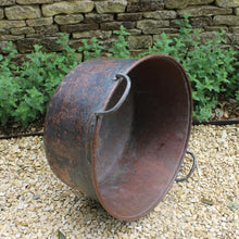 Load image into Gallery viewer, good-antique-hand-beaten-copper-vessel-large-scale-hand-forged-iron-handles-excellent-condition-original-bluish-green-verdigris-patination-outside-multitude-uses-garden-home-planter-water-feature-log-bin-for-sale-damon-blandford-antiques-stroud-coteswolds
