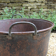 Load image into Gallery viewer, good-antique-hand-beaten-copper-vessel-large-scale-hand-forged-iron-handles-excellent-condition-original-bluish-green-verdigris-patination-outside-multitude-uses-garden-home-planter-water-feature-log-bin-for-sale-damon-blandford-antiques-stroud-coteswolds