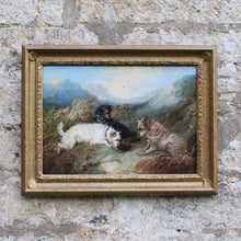 Load image into Gallery viewer, very-fine-oil-on-canvas-painting-three-terriers-rabbiting-highland-landscape-gilt-frame-dogs-expressions-terriers-faces-rabbit-hole-wonderful-George-Armfield-exceptional-hand-terriers-framed-dried-bracken-foreground-hills-in-distance-painting-excellent-use-of-light-for-sale-damon-blandford-antiques-art-stow-on-the-wold-stroud-cotswolds