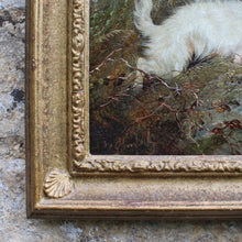 Load image into Gallery viewer, very-fine-oil-on-canvas-painting-three-terriers-rabbiting-highland-landscape-gilt-frame-dogs-expressions-terriers-faces-rabbit-hole-wonderful-George-Armfield-exceptional-hand-terriers-framed-dried-bracken-foreground-hills-in-distance-painting-excellent-use-of-light-for-sale-damon-blandford-antiques-art-stow-on-the-wold-stroud-cotswolds