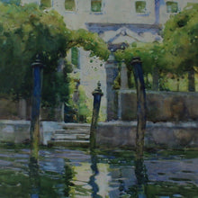Load image into Gallery viewer, wonderful-water-colour-painting-gertrude-crompton-titled-palazzo-in-venice-signed-bottom-left-grand-venetian-house-canal-water-foreground- -mrs-g-hall-born-west-tanfield-yorkshire-educated-london-studying-art-westminster-school-of-art-paris-kensington-fowey-cornwall-nailsworth-gloucestershire-member-st-ives-society-of-artists-for-sale-wall-art-damon-blandford-antiques-stroud-cotswolds