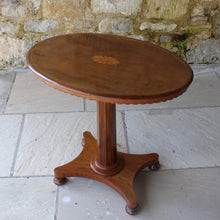 Load image into Gallery viewer, Good-william-IV-mahogany-pedestal-side-occasional-table-oval-top-inlaid-oval-sun-burst-motif-moulded-edge-shaped-freeze-octagonal-column-platform-base-bun-feet-highly-original-good-condition-aesthetic-appeal-useful-lamp-stand-drinks-table-circa-1930s-for-sale-damon-blandford-antiques-stow-on-the-wold-cotswolds-interior-design-antique-19th-century