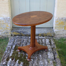 Load image into Gallery viewer, Good-william-IV-mahogany-pedestal-side-occasional-table-oval-top-inlaid-oval-sun-burst-motif-moulded-edge-shaped-freeze-octagonal-column-platform-base-bun-feet-highly-original-good-condition-aesthetic-appeal-useful-lamp-stand-drinks-table-circa-1930s-for-sale-damon-blandford-antiques-stow-on-the-wold-cotswolds-interior-design-antique-19th-century