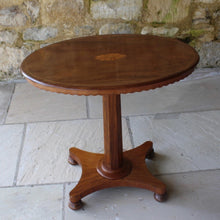 Load image into Gallery viewer, Good-william-IV-mahogany-pedestal-side-occasional-table-oval-top-inlaid-oval-sun-burst-motif-moulded-edge-shaped-freeze-octagonal-column-platform-base-bun-feet-highly-original-good-condition-aesthetic-appeal-useful-lamp-stand-drinks-table-circa-1930s-for-sale-damon-blandford-antiques-stow-on-the-wold-cotswolds-interior-design-antique-19th-century
