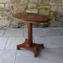 Load image into Gallery viewer, Good-william-IV-mahogany-pedestal-side-occasional-table-oval-top-inlaid-oval-sun-burst-motif-moulded-edge-shaped-freeze-octagonal-column-platform-base-bun-feet-highly-original-good-condition-aesthetic-appeal-useful-lamp-stand-drinks-table-circa-1930s-for-sale-damon-blandford-antiques-stow-on-the-wold-cotswolds-interior-design-antique-19th-century