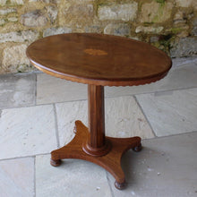 Load image into Gallery viewer, Good-william-IV-mahogany-pedestal-side-occasional-table-oval-top-inlaid-oval-sun-burst-motif-moulded-edge-shaped-freeze-octagonal-column-platform-base-bun-feet-highly-original-good-condition-aesthetic-appeal-useful-lamp-stand-drinks-table-circa-1930s-for-sale-damon-blandford-antiques-stow-on-the-wold-cotswolds-interior-design-antique-19th-century
