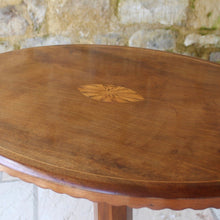 Load image into Gallery viewer, Good-william-IV-mahogany-pedestal-side-occasional-table-oval-top-inlaid-oval-sun-burst-motif-moulded-edge-shaped-freeze-octagonal-column-platform-base-bun-feet-highly-original-good-condition-aesthetic-appeal-useful-lamp-stand-drinks-table-circa-1930s-for-sale-damon-blandford-antiques-stow-on-the-wold-cotswolds-interior-design-antique-19th-century