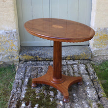 Load image into Gallery viewer, Good-william-IV-mahogany-pedestal-side-occasional-table-oval-top-inlaid-oval-sun-burst-motif-moulded-edge-shaped-freeze-octagonal-column-platform-base-bun-feet-highly-original-good-condition-aesthetic-appeal-useful-lamp-stand-drinks-table-circa-1930s-for-sale-damon-blandford-antiques-stow-on-the-wold-cotswolds-interior-design-antique-19th-century