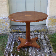 Load image into Gallery viewer, Good-william-IV-mahogany-pedestal-side-occasional-table-oval-top-inlaid-oval-sun-burst-motif-moulded-edge-shaped-freeze-octagonal-column-platform-base-bun-feet-highly-original-good-condition-aesthetic-appeal-useful-lamp-stand-drinks-table-circa-1930s-for-sale-damon-blandford-antiques-stow-on-the-wold-cotswolds-interior-design-antique-19th-century